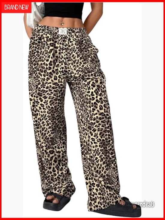 Pants - Women's Letter Leopard Print Straight Leg Pants Elastic Waist Y2K Trousers with